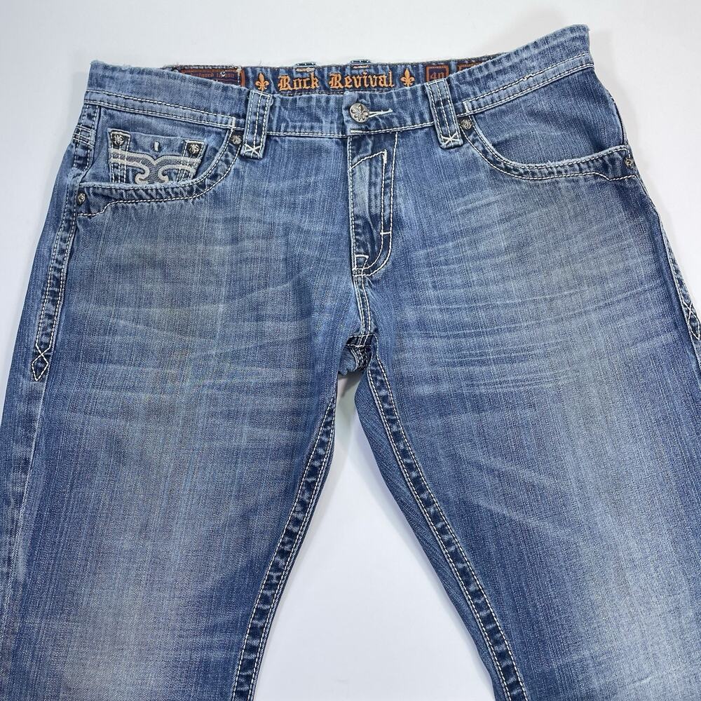 Rock Revival Jeans Men’s 42x33 (tag 40) Blue Denim Embroidered 100% Cotton READ